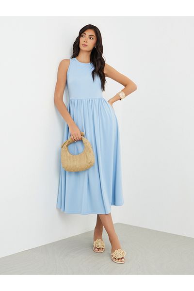 Styli Solid Sleeveless Gathered Waist A-Line Midi Dress