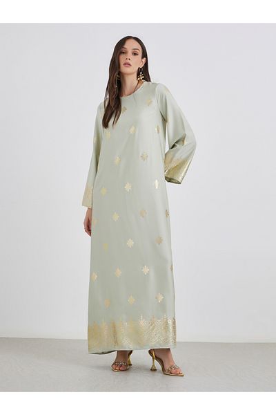 Styli Women Green Foil Print Round Neck Jalabiya
