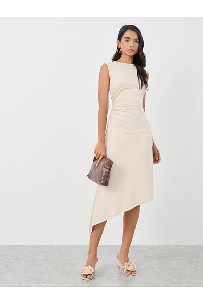 Styli Solid Sleeveless Gathered Detail Midi Dress