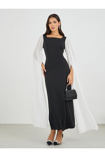 Styli Color Block Cape Sleeve Bodycon Maxi Dress