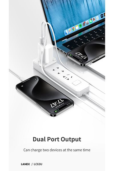Lanex Lanix LC63U Home Charger Head with 2 USB-A and PD USB-C Ports, 20W PD Fast Charging, White