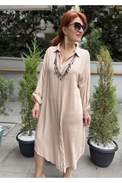 DenizEge E- Φόρεμα πουκάμισο βισκόζης Μπεζ