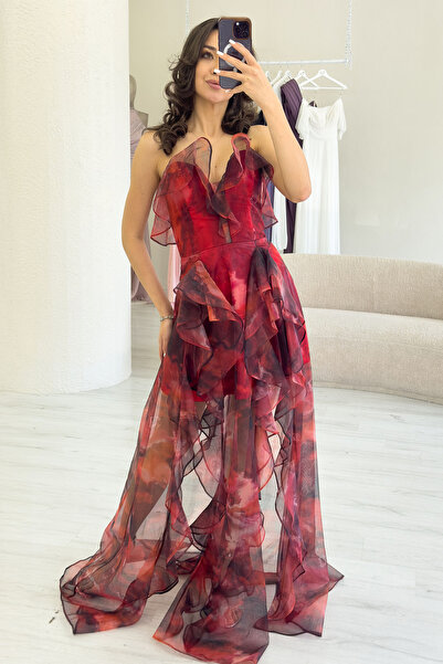 the ZKS Women's Tie-Dye Patterned Strapless Ruffle Evening Dress Purple, Red, Oil, Brown