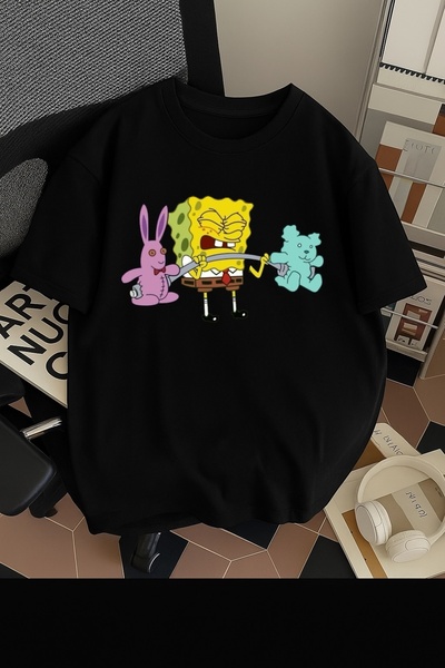 SOHR Unisex Erkek/Kadın Gym Sünger Bob Sporcu Ayıcık Ağırlıklı Renkli Baskılı Oversize Pamuklu T-Shirt