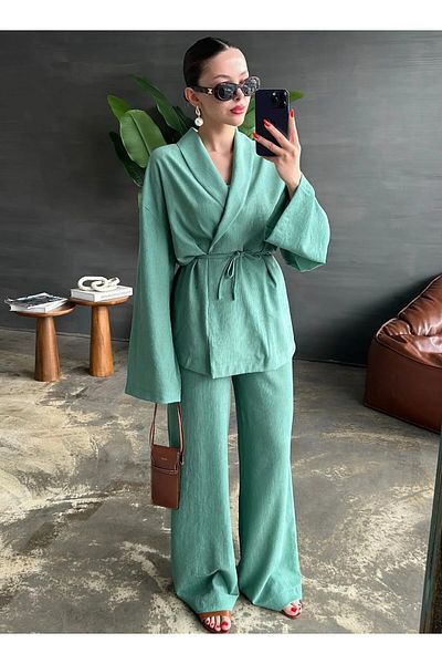 My Blog Mint Shawl Collar Kimono Pants Set - 98655