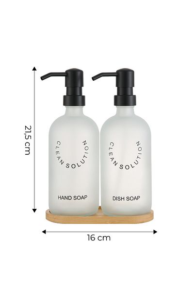 Kitchen Life Set de 2 dozatoare de săpun lichid din sticlă cu bază de bambus chihlimbar 500 ml - Set dozatoare de săpun cu suport de bambus