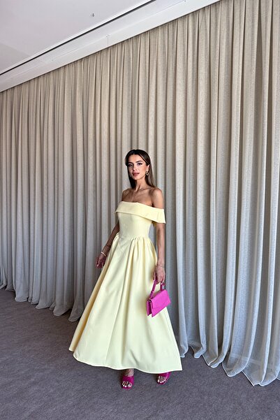 MAT Collection Kadın Sarı Madonna Yaka Fermuarlı Uzun Elbise