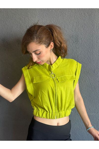 Gönülden Tasarım Cămașă crop pentru femei cu fermoar din in VERDE Mărimea XL