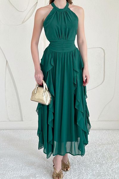 Elbee Fashion Woman Halter Collar Lined Dress