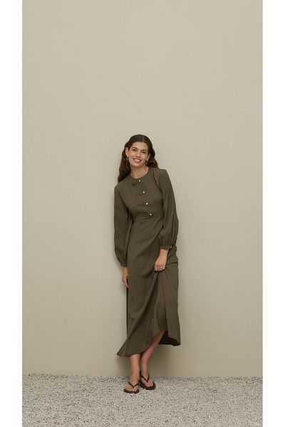 Fahhar Brit Detailed Modal Dress Khaki