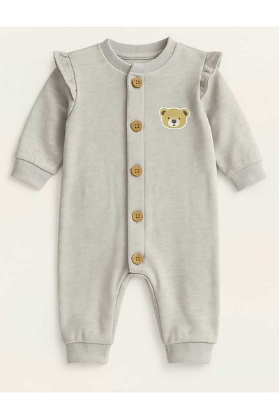neocotton Front Buttoned Long Sleeve Ribbed Baby Girl Jumpsuit with Ruffles on the Shoulders and Without Booties
