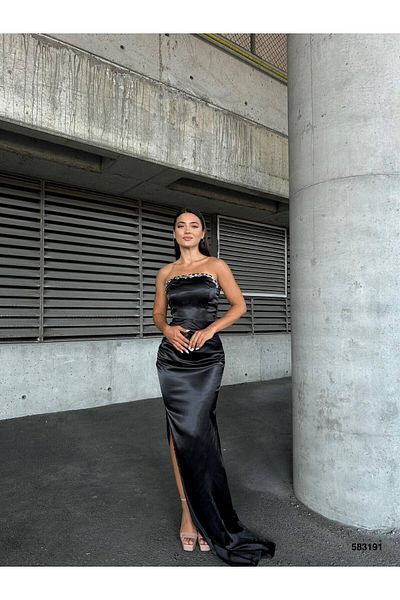 maf collection Γυναικείο Μαύρο Σατέν Ύφασμα Στράπλες Πέτο Πέτρινο Βραδινό Φόρεμα Αποφοίτησης
