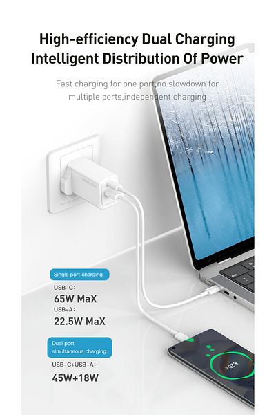 Lanex Lanix LC59U 65W Dual USB Type-C Wall Charger with GAN Support, White