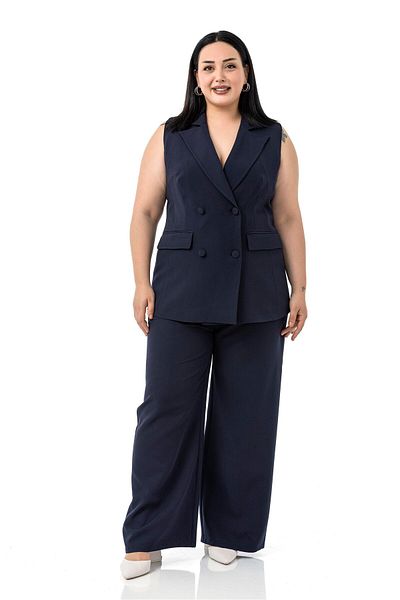 DISENTIS MODEST Plus Size Plated Buttoned Vest Trousers Navy Blue Double Suit