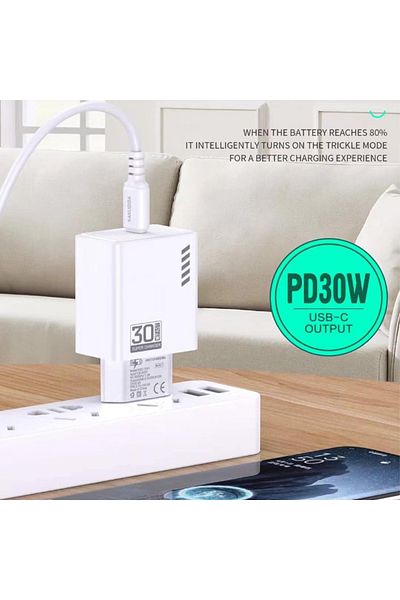 REDz Accessories KSC-1242 Charger Pack with 1M Type-C Cable, Compatible with iPhone 15/16/Android, Power 30W, White