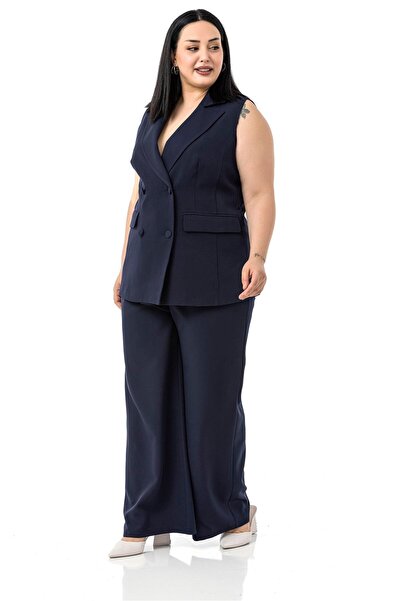 DISENTIS MODEST Plus Size Plated Buttoned Vest Trousers Navy Blue Double Suit