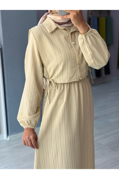 HERMANAS BUTİK İki Parça Çizgi Dokulu Elbise