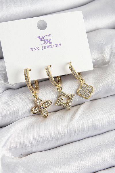 Celira Brass Zircon Stone Clover Model Gold Color 3-Piece Women's Earrings