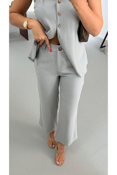 Sezgi Tekin Bone Button Detail Smoke Gray Flare Trousers
