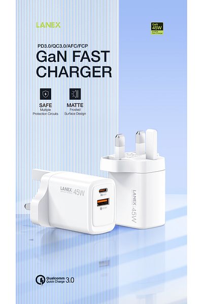 Lanex Lanix LC66U 45W Dual USB Type-C Wall Charger with GAN Support, White
