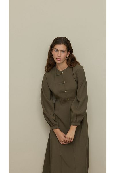 Fahhar Brit Detailed Modal Dress Khaki