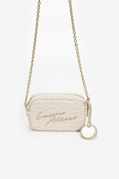 Emporio Armani Kadın Tüm Yüzeyi Monogram Logo Kaplı Jakarlı Ayarlanabilir Zincir Omuz Askılı Kanvas Bej Omuz Çantas
