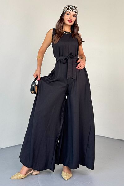 Cappmoda Elb-01819 Black Belt Detailed Round Neck Sleeveless Jumpsuit