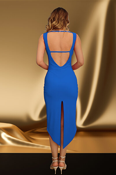 Due Stelle Sırt Dekolteli V Yırtmaçlı Kadın Elbise–Asimetrik Kesim Tango –Dans ve Özel Gün Elbisesi-Göğüs Pedli