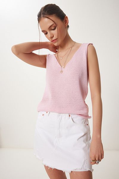Lovelyİstanbul V-Neck Summer Knitwear Blouse Lki̇0035 Pink