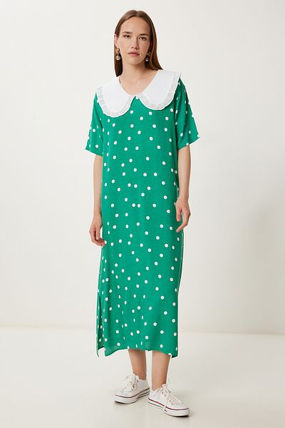 Lovelyİstanbul Polka Dot Summer Woven Dress Lfk0020 Dark Green