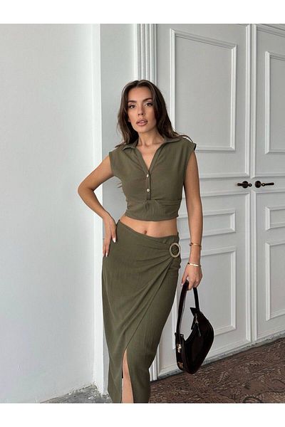 369 etnik butik Double Breasted Slit Belt Ring Skirt Set of 2 (5 Colors)