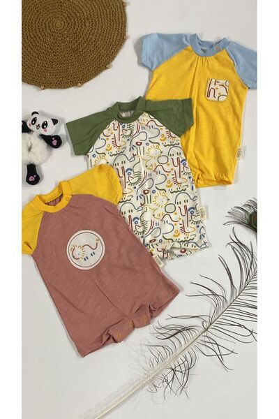 CUSTOM شورت بوهيمي قصير الأكمام ثوب فضفاض للأطفال طقم 3 قطع 100% قطن 0-3-6 أش...