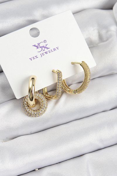 Celira Brass Zircon Stone Hoop Model Gold Color 3-Piece Women's Earrings
