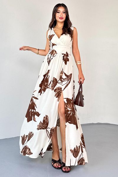 Cappmoda ELB-01817 Καφέ Φόρεμα με μοτίβο τροπικών φύλλων με λαιμόκοψη V