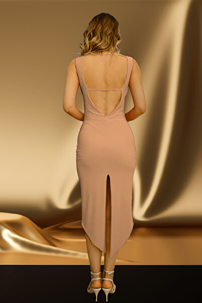 Due Stelle فستان نسائي بفتحة على شكل حرف V وفتحة على الظهر - تانجو غير متماثل - فستان للرقص والمناسبات الخاصة - مع وسادة للصدر