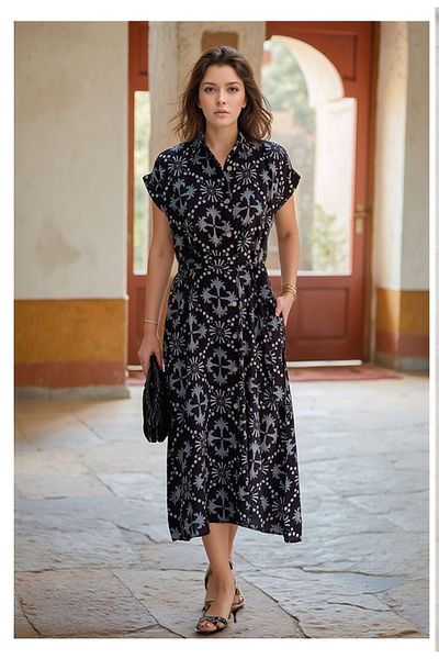Tubik Women's Shirt Collar Button Closure Belted Pocket Viscose Dress