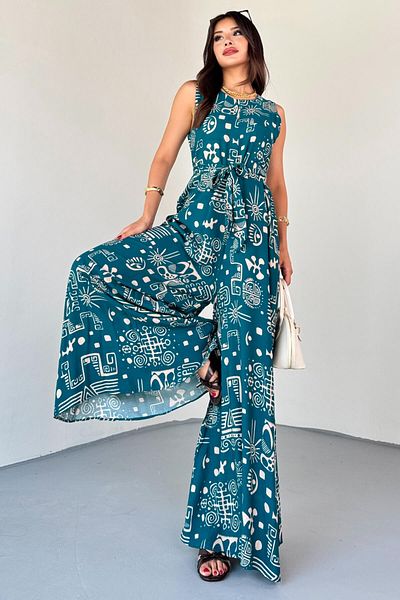 Cappmoda ELB-01816 Πράσινο φόρεμα με έθνικ σχέδιο με λουράκια με ζώνη