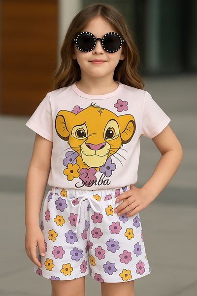Uğur bebe Simba Printed Girl's Set 100% Cotton T-Shirt Shorts 2-Piece Summer Set