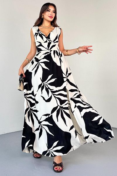Cappmoda ELB-01817 Μαύρο φόρεμα με μοτίβο τροπικών φύλλων με λαιμόκοψη V