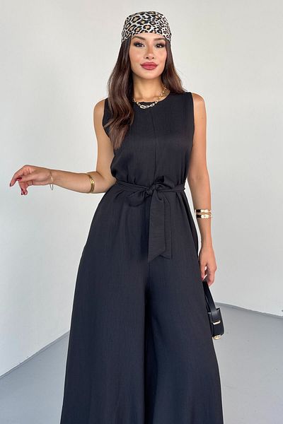 Cappmoda Elb-01819 Black Belt Detailed Round Neck Sleeveless Jumpsuit