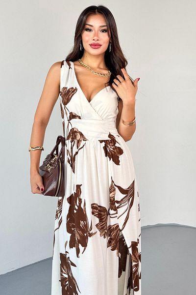 Cappmoda ELB-01817 Καφέ Φόρεμα με μοτίβο τροπικών φύλλων με λαιμόκοψη V