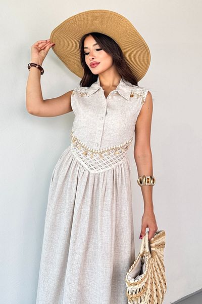 Cappmoda ELB-6018 Φόρεμα με λινό κουμπιά με ανοιχτόχρωμο χρώμα πέτρας