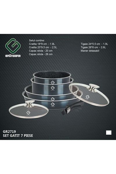 GRÜNBERG Set 7 piese, 2 cratițe și 2 tigăi, aluminiu cu strat de marmură