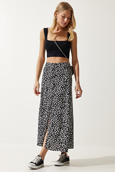 Lovelyİstanbul Patterned Slit Viscose Skirt Lub0137 Black