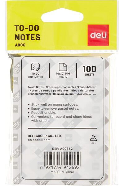 Deli EA00652 Stick-Up To-Do Notes 100 Sheets, 76×101 mm Size, Multicolour