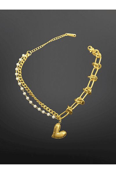 FM Gold Color Heart Figured Pearl and Chain Detailed 316L Steel Bracelet |   Elegant and Modern