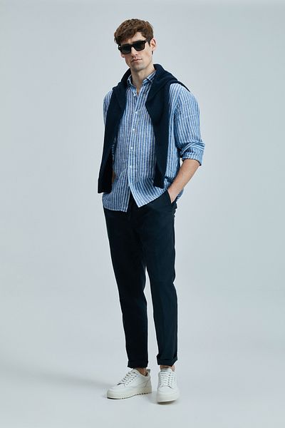 Lufian Ανδρικό λινό βαμβακερό πουκάμισο Alfred Regular Fit Blue