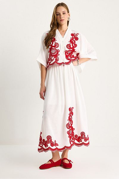 Bianco Lucci Cămașă cu mâneci liliac cu detaliu broderie pentru femei, cu fustă căptușită, set de sus și jos 60283438