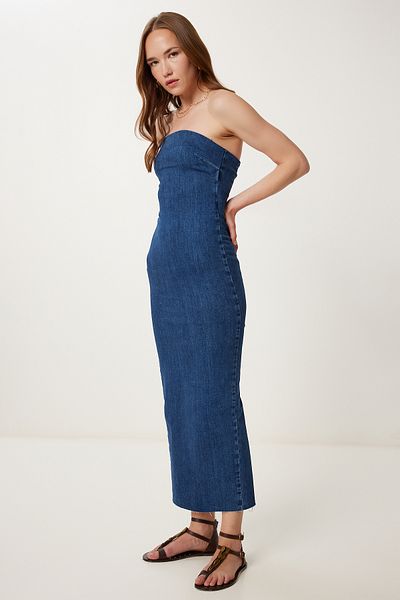 Lovelyİstanbul Strapless Midi Denim Dress Lyz0002 Dark Blue