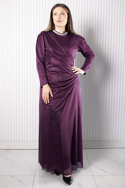 Fahima Stone Printed Glitter Tulle Evening Dress Plum Fhm956